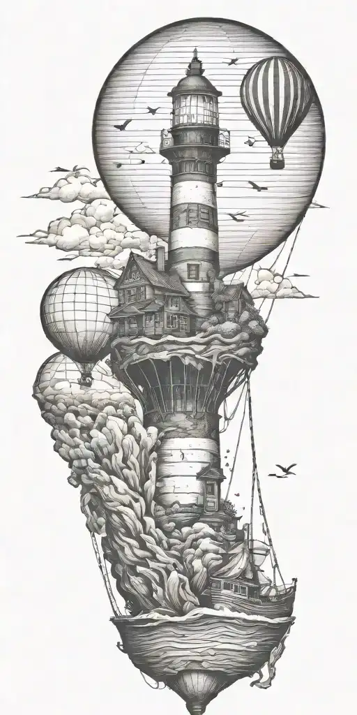 Light House Hot Air Balloon Shipwreck Surrounded By Sea