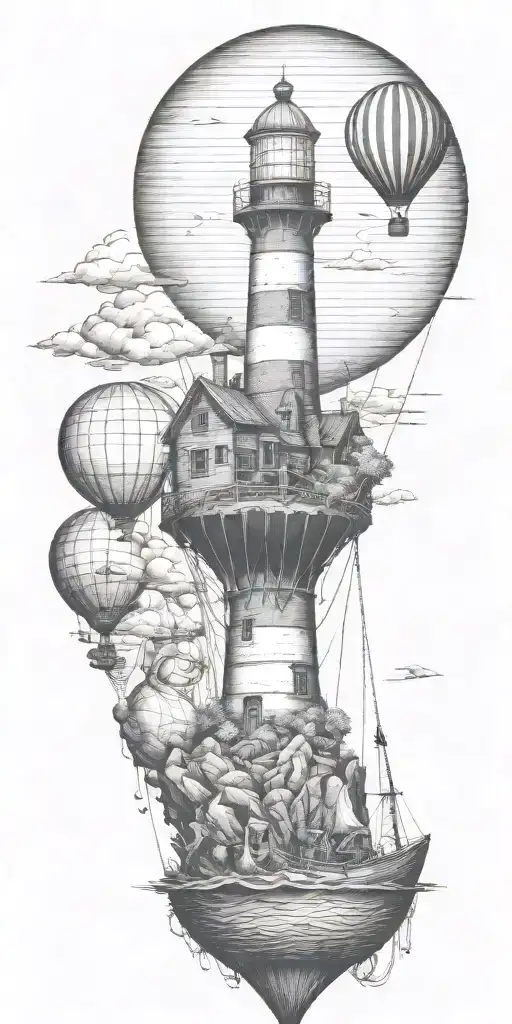 Light House Hot Air Balloon Shipwreck Surrounded By Sea