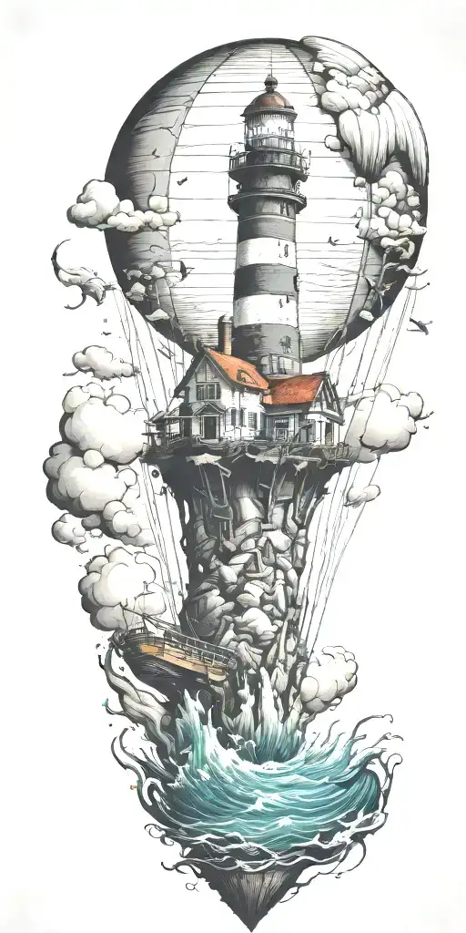 Light House Hot Air Balloon Shipwreck Surrounded By Sea