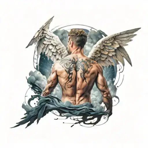Angel Turning His Back With Broken Wings With Storm In The Background