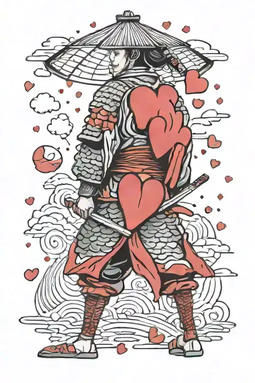Samurai Standing After War And Raining Love Hearts