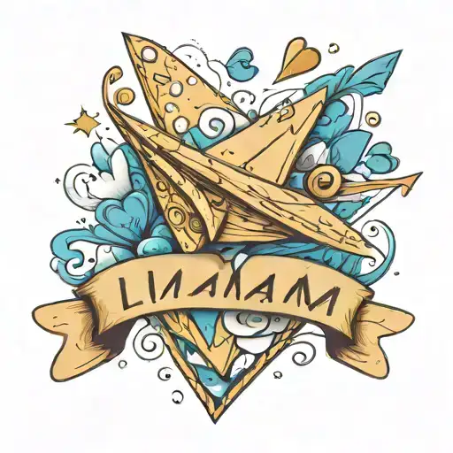 Liamm Name In Cursive With A Paper Airplane Surrounded By 7 Blue Hearts