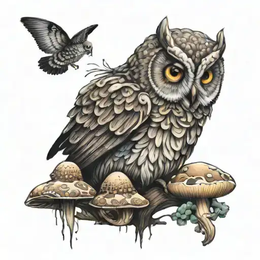 Owl On Mushrooms