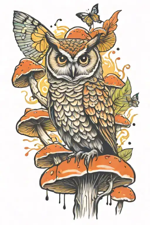 Magic Owl On Tall Mushrooms