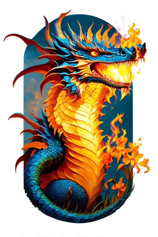 Dragon Made Of Baking Utensils Breathing Fire Onto A Field Of Orchids