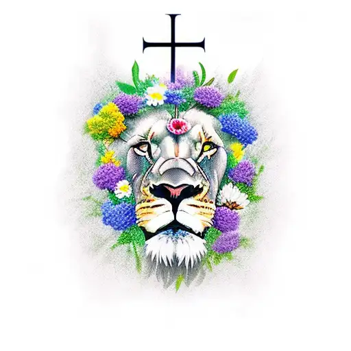 Lion With Cross And Flowers