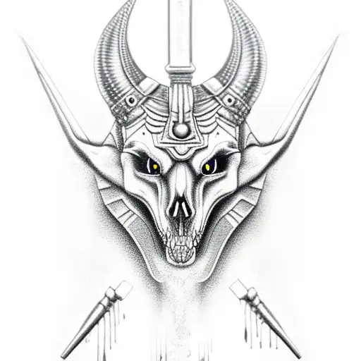 Anubis Portrait With Half Of Dog Skull With Sharp Teeth