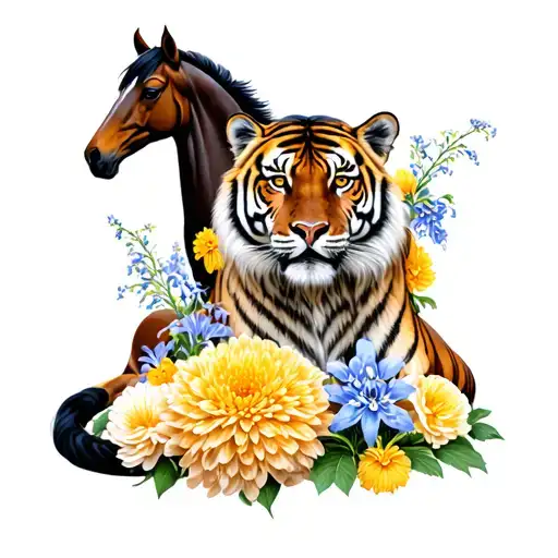 Garden Of Chrysanthemums And Larkspur With Tiger Lying In Center And Horse Behind