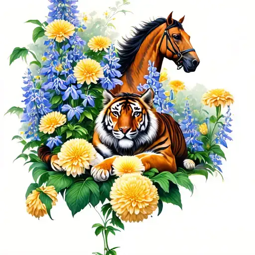 Garden Of Chrysanthemums And Larkspur With Tiger Lying In Center And Horse Jumping Behind
