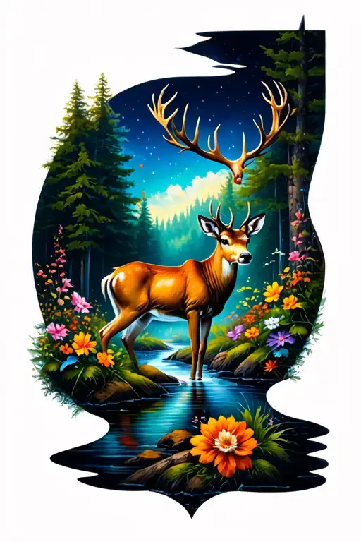 Forest Theme Deer With Stream With Flower Colors In It