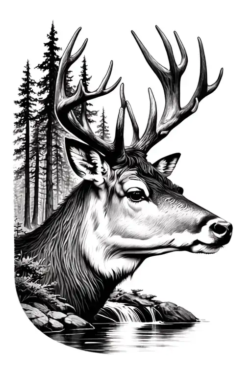Forest Theme Deer With Stream Black And White