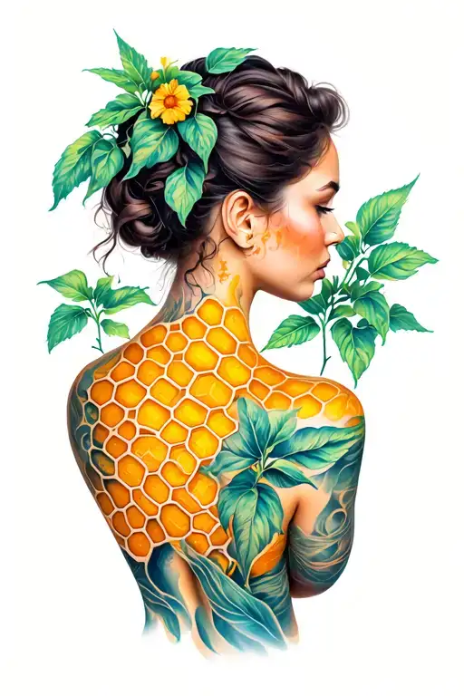 Plant And Honeycomb Over Shoulder Arm And Back On Woman