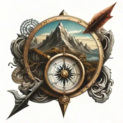 Compass With Mountains Inside And A Fancy Arrow Going All The Way Through The Compass