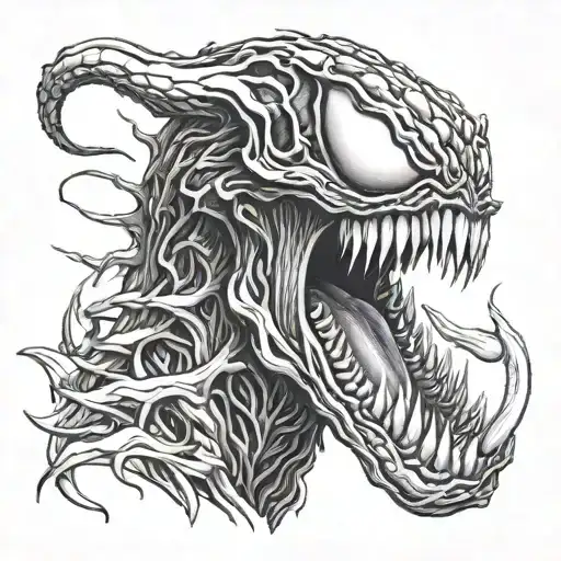 Retrato En Grises Estilo A Venom Con Dientes Saliendo De Su Costado Y Un Cuervo Sobre Su Cabeza