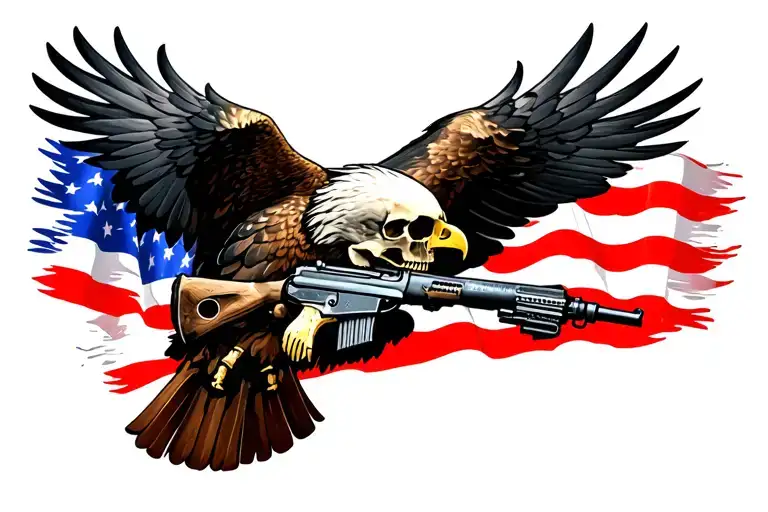 Eagle Flying With American Flag Wings Feet Holding Skull And Ak-47 As Cross Bones