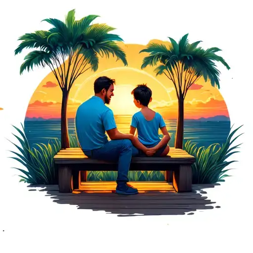 Father And Son Sitting On The Back Porch With The Sunset In The Background