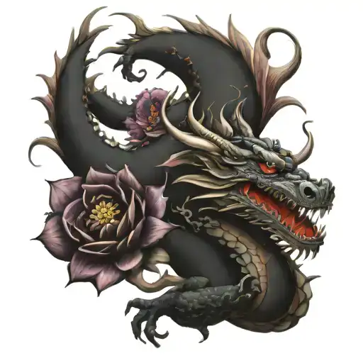 Dragon Japones Con Flores De Loto