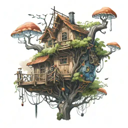 A Tree House In The Magical World Spider And Mushrooms Around