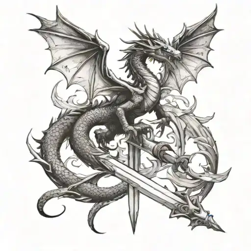 Dragon Around Sword Black And White Wings Pointed Up