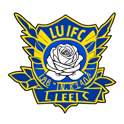 Blue And Yellow Badge Saying Lufc In The Centre With A White Yorkshire Rose