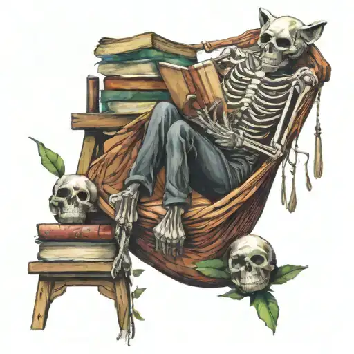 Skelton In A Hammock With A Skeleton Cat On Ground With Stack Of Books