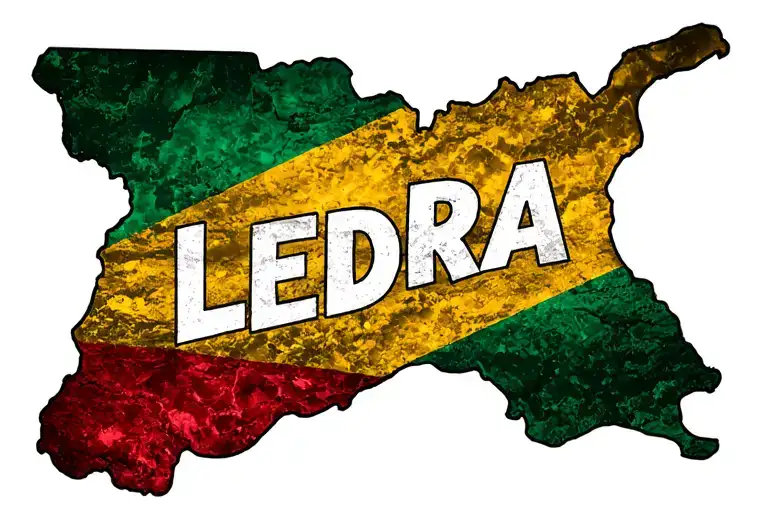 Silhouette Of Shape Of Guyana With The Word Ledra Written Within The Outline