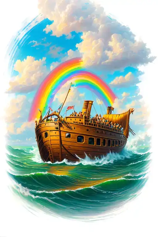 Noah's Ark In The Flood With A Rainbow