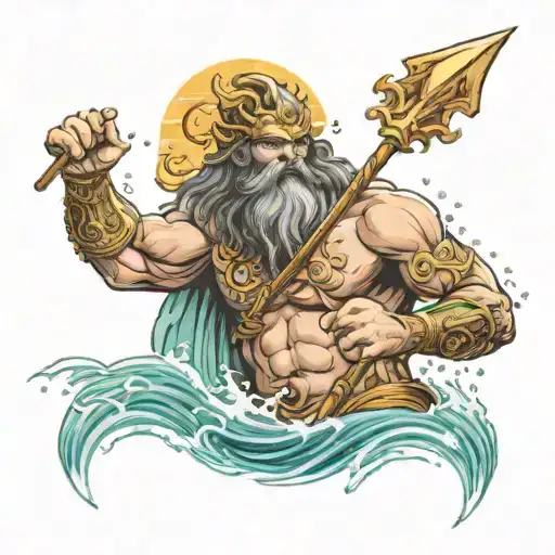 Tattoo Of Poseidon Coming Out Of The Water Brandishing A Trident With His Right Hand