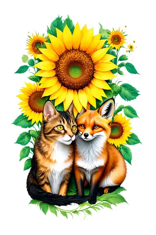 Cat And Fox Sitting Under Sunflower