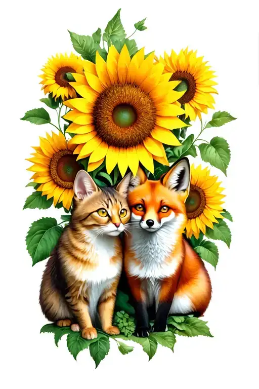 Cat And Fox Sitting Under Sunflower