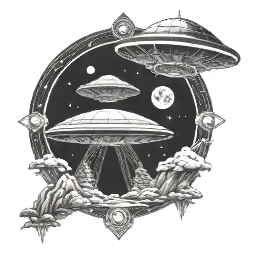 A Detailed Blackwork Tattoo Of A Ufo Abduction Scene With Intricate Alien Designs