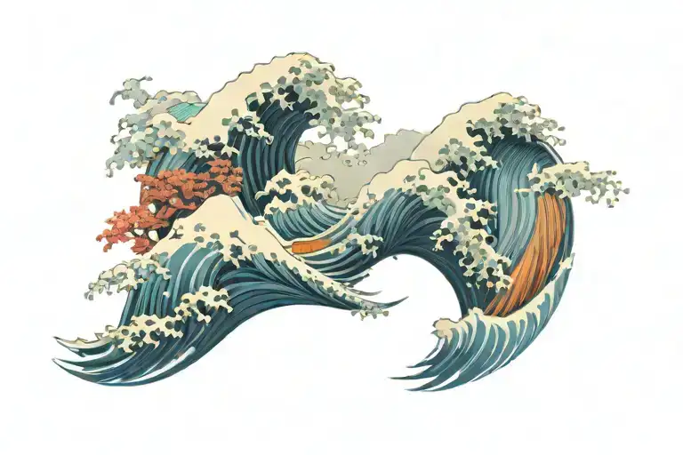 Japanese Waves Crashing In The Background