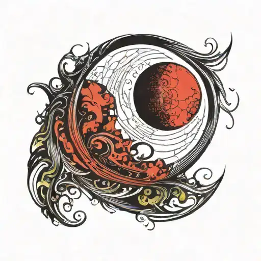 Red New Moon With Abstract Lines And Shading