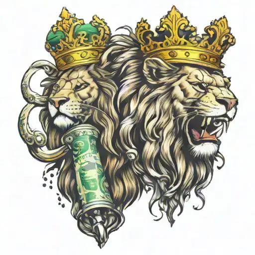 Angry Lion With Crown Guns And Money In The Hands