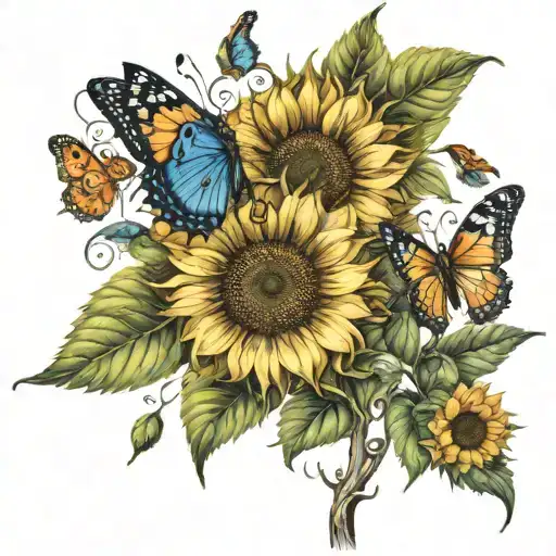 Sunflower And Butterflies Around Stem