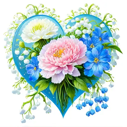 Carnations Lilly Of The Valley Water Lillie's And Forget Me Nots In Heart