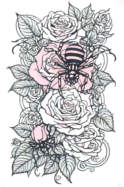 Pink Roses With Vine Wrapping With Black Widow Spider And Tiger Sitting On A Flower And A Wizard