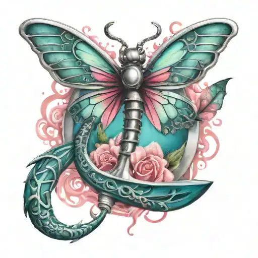 Silver Anchor With Teal And Pink Dragonfly