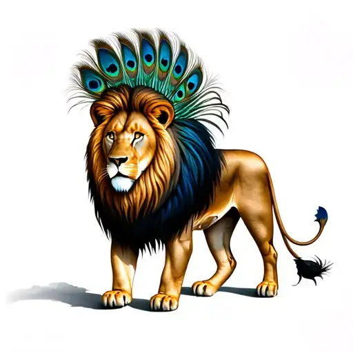 A Majestic Lion Whose Mane Is Made Of Peacock Feathers