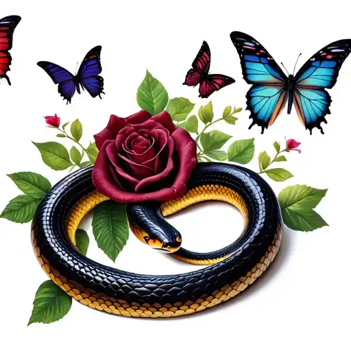A Black And Brown Snake With With Dark Wine Red Roses And 3 Butterflys