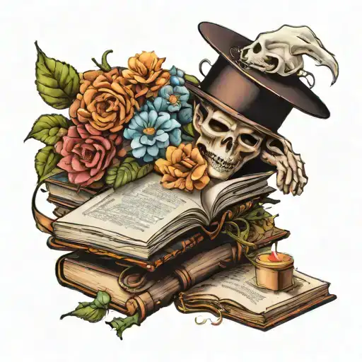 Stack Of Books Surrounded By Flowers With Ghost Reading Book On Top