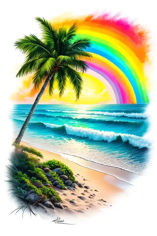 Tattoo With A Palm Tree On The Beach And A Rainbow