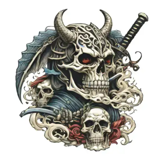 Powerful Samurai Skull Raising Katana With Smoking Dragon Around