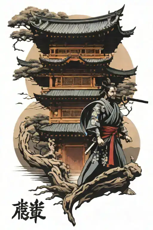 A Japanese Style Temple With A Samurai Standing Front