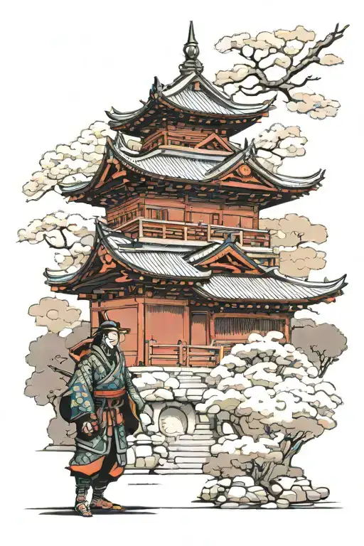 Japanese Temple With A Samurai Standing In The Front