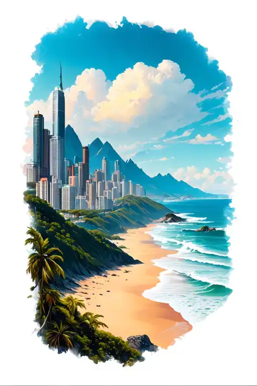Mountain And City Skyline And Beach Scene
