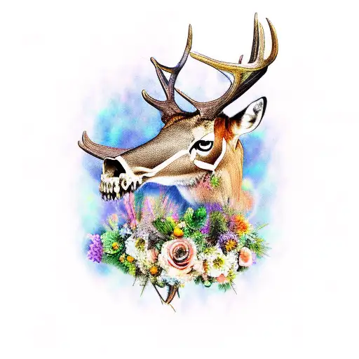Hunter Woman On Deer Skull Flowers