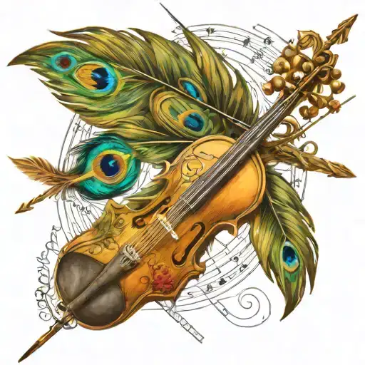 Peacock Feather Tied To An Arrow With Small Part Of Violin And Musical Notation