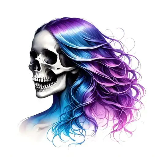 Half Skull Half Lady Head With Long Hair