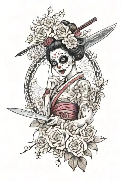 Geisha Sugar Skull With Knife Fan Surrounded By Roses An Cherry Blossoms